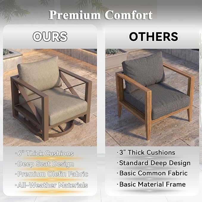 3 Piece Aluminum Rocking Patio Furniture Set, Modern Outdoor Patio Conversation Sets with Ergonomic Swivel Chairs, 6" Thick Washable Cushions and Coffee Table for Balcony, Porch, Backyard,Brown