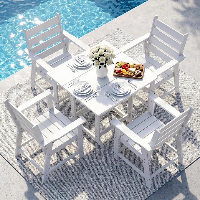 5 Piece Patio Dining Set, HDPE All-Weather Furniture with 4 Chairs & 1 Square Table, for Backyard, Garden, White