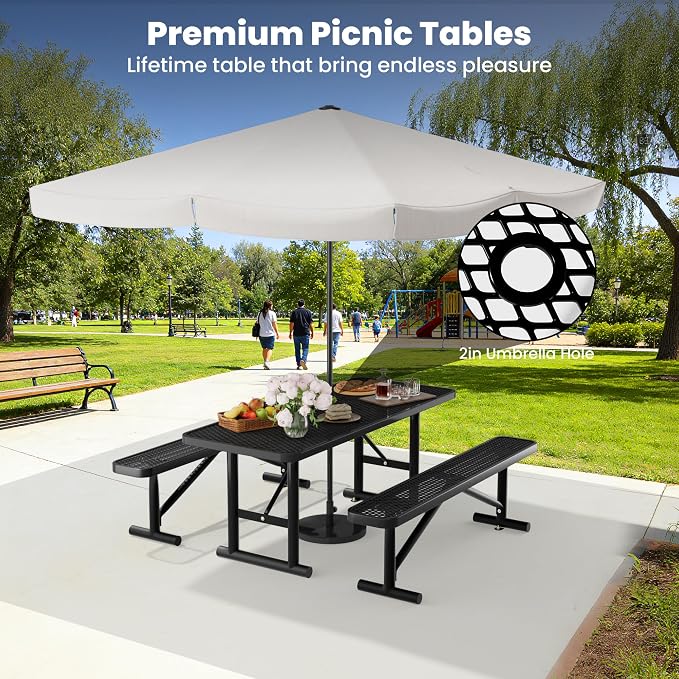 6FT Outdoor Metal Picnic Table with 2 Benches,Heavy Duty Rectangular Picnic Table Set for Outside, Waterproof Commercial Restaurant Table Furniture for Park, Campfield, Patio, Garden, Yard