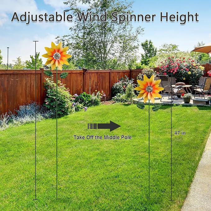hogardeck Outdoor Wind Spinner, 61" Metal Sunflower Wind Spinner with Stake, 360° Rotating Windmill Yard Art, Kinetic Wind Sculptures for Home Lawn Backyard Patio Decor, Gifts for Garden Lovers