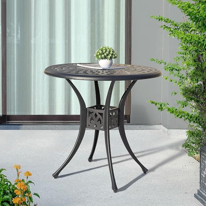 NUU GARDEN 30 Inch Patio Dining Table, Cast Aluminum Round Outdoor Table with Umbrella Hole for Patio, Backyard, Deck Black