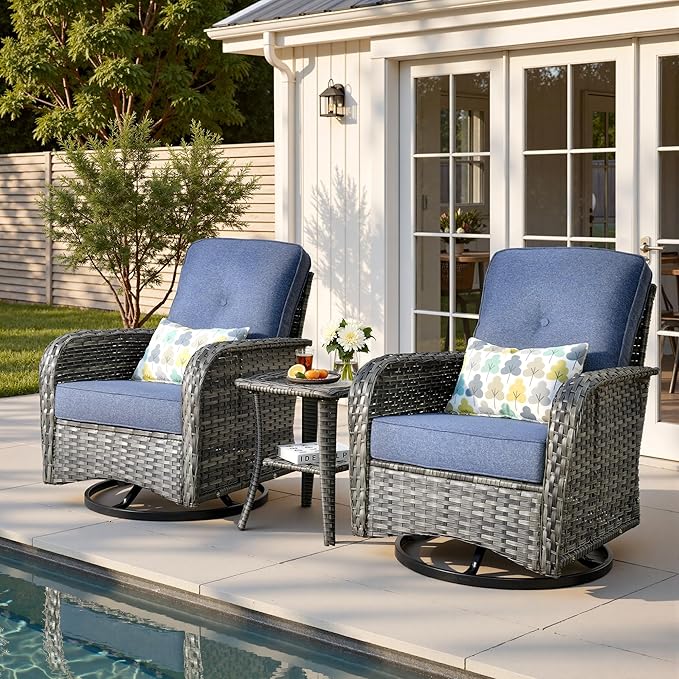 3-Piece Patio Furniture Set, Outdoor Wicker Furniture with Coffee Table, High Back Swivel Rocker Patio Chairs, Modern Rattan Outdoor Chairs Conversation Set for Porch, Balcony, Garden, Denim Blue