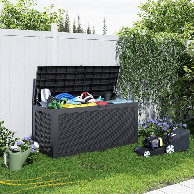 DRATO 120 Gallon Outdoor Storage Box Waterproof, Large Resin Lockable Outdoor Deck Box with Lid, Weatherproof Container for Patio Furniture Cushions, Garden Tools, Pool Accessories (Black, 120 Gallon)