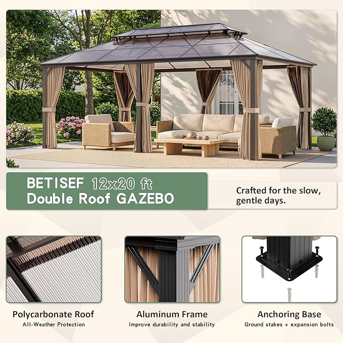 12'x20' Hardtop Gazebo, Outdoor Polycarbonate Roof Canopy, Aluminum Frame Permanent Pavilion with Curtains and Netting, Sunshade for Garden, Patio, Lawns