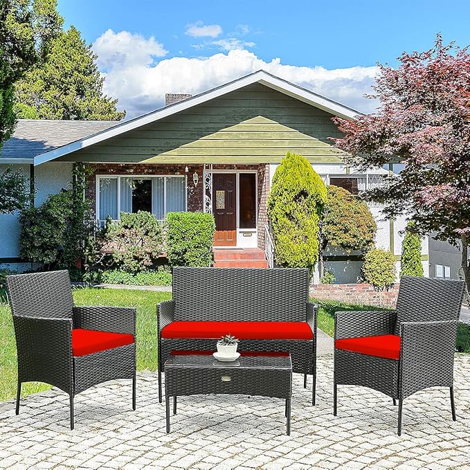 HAPPYGRILL 4pcs Patio Furniture Set Rattan Wicker Conversation Set with Tempered Glass Top Table, Outdoor Wicker Sofa Set with Removable Cushions for Poolside Garden Backyard