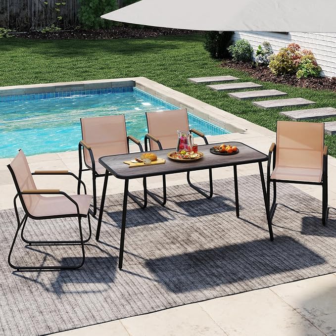 Tangkula 5 Pieces Patio Dining Sets, Outdoor Rectangular Dining Table & 4 Fabric Chairs with Wood-Like Armrests & Metal Frame, Patio Furniture Set for Garden Yard Porch Deck Poolside (Brown)