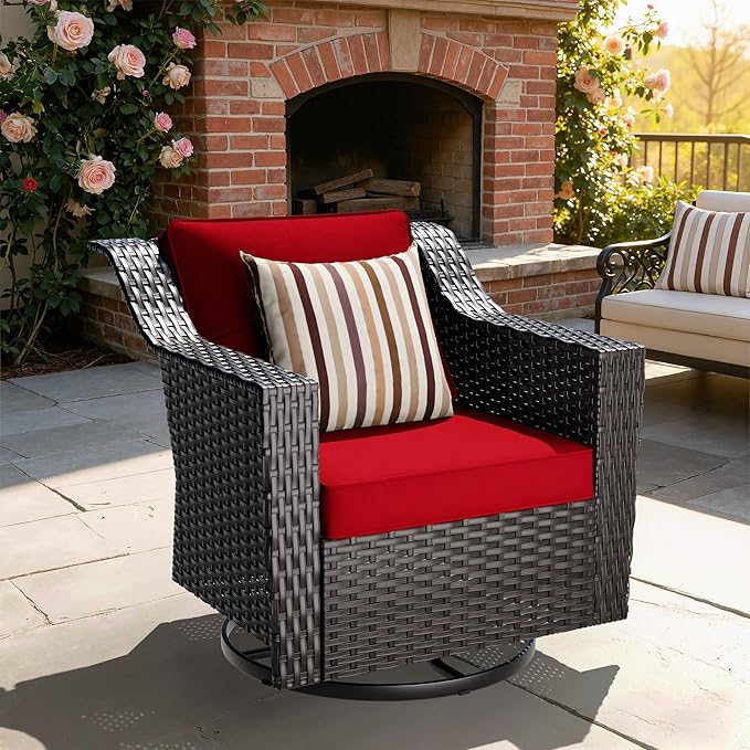 Outdoor Furniture Swivel Chair, Patio Glider Wicker Rocker Seating with Cushions for Porch Deck Balcony (Red)