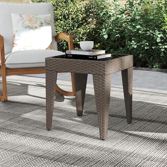 Outdoor Small Patio Table - PE Rattan Coffee Table, Wicker Side Table for Patio, Balcony & Porch, Durable & Iron Frame (2, Rattan Sesame)