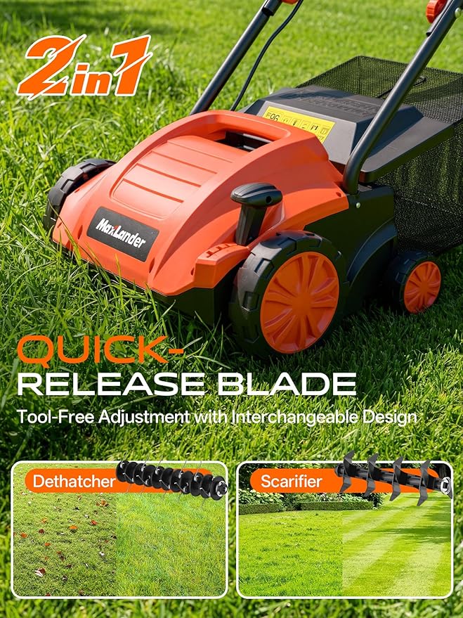 MAXLANDER 13 Inch 12 Amp Electric Dethatcher and Scarifier, 2-in-1 Lawn Dethatcher with 4-Position Depth Adjustment, 30L Removable Collection Bag, Airboost Technology Increases Lawn Health