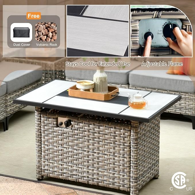 Outdoor Sectional Patio Furniture Set,9 Pieces All Weather Rattan Wicker Conversation Sets with Fire Pit,Out Door Furniture with Swivel Chairs Glowing Coffee Table,Beige