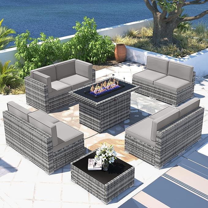 10 Pieces Patio Furniture Set with 44" Propane Gas Fire Pit Table, Outdoor Sectional Wicker Conversation Sofa Sets with Coffee Table