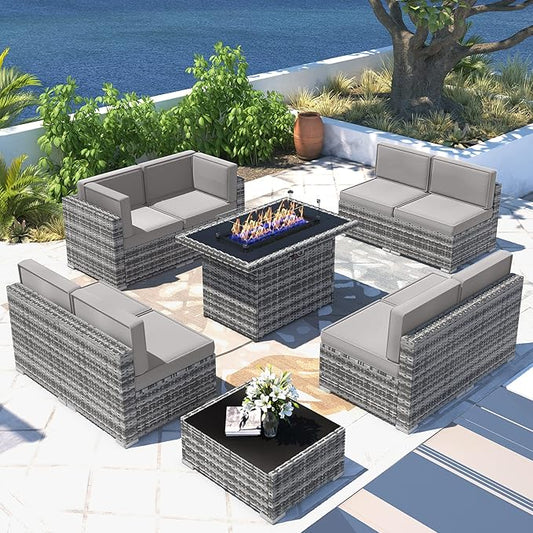10 Pieces Patio Furniture Set with 44" Propane Gas Fire Pit Table, Outdoor Sectional Wicker Conversation Sofa Sets with Coffee Table