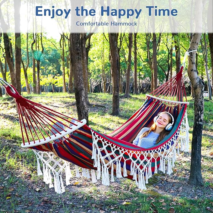 Double Hammock with Tree Straps 108x59in Heavy Duty 770 lbs Camping Hammock with Tassels Portable Colorful Canvas Hammocks with Carry Bag for Backyard Outdoor Beach Patio