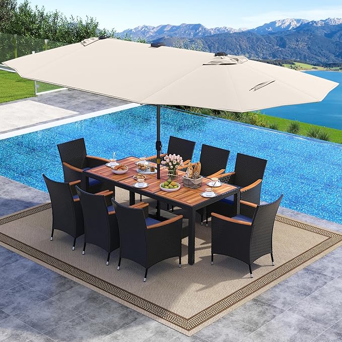 Tangkula 11 Pieces Patio Dining Set with Double-Sided Led Patio Umbrella (Base Included), with 8 Stackable Chairs, Acacia Wood Dining Table and Large Umbrella with Solar Lights (Beige + Navy)