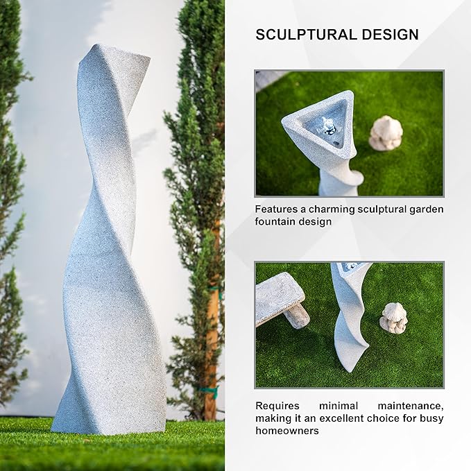XBrand 39 in. H Freestanding Resin Fiberglass Sculptural Modern Twisted Pilar Outdoor Garden Fountain w/LED Light, White