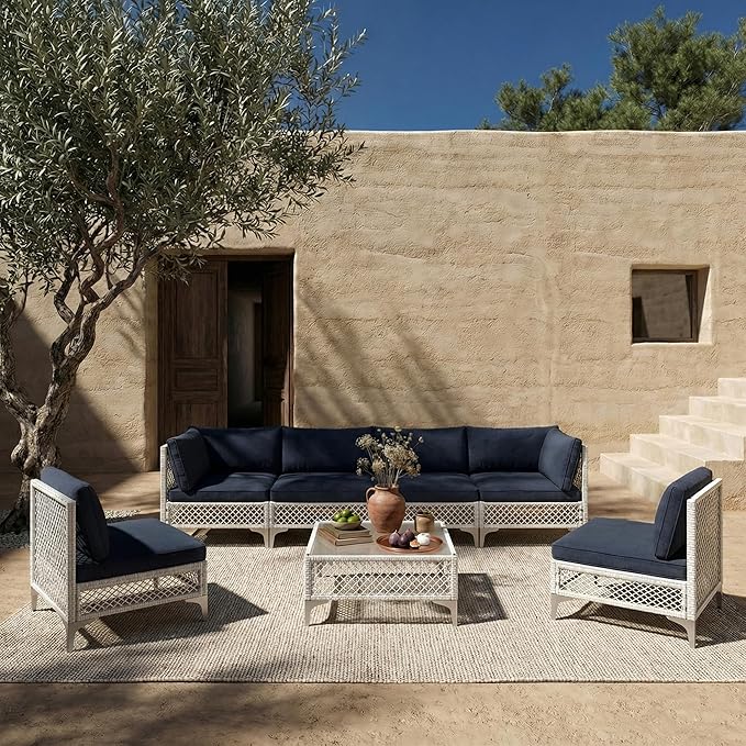 ENSTVER 7-Piece Outdoor Patio Furniture Set, Value Lightweight Boho Outdoor Sectional with Handwoven Wicker & Easy Assembly, Durable Outdoor Sofa for Small Patio, Balcony（Cushion Navy Blue）
