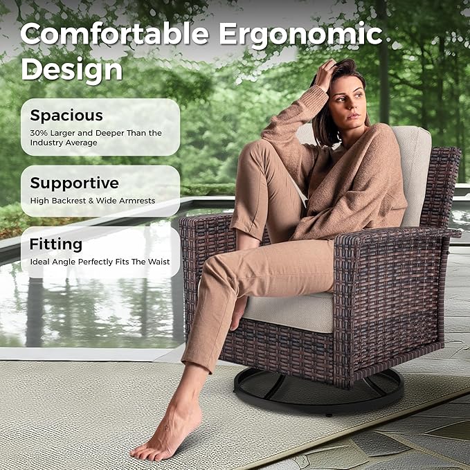 Swivel Patio Wicker Chairs Set of 2, High Back Outdoor Swivel Patio Rattan Chairs with 5.5" Thick Cushions for Bistro Balcony Porch Deck and Yard, Beige