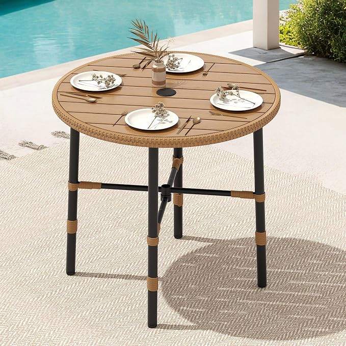 YITAHOME Outdoor Patio Dining Table Round for 4 with 2.2" Umbrella Hole&Adjustable Levelers 35.4" Bistro Table with Metal Frame All-Weather Outdoor Tables for Lawn Backyard Garden