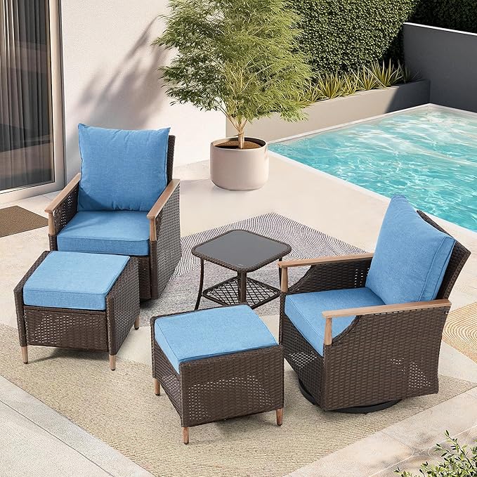 MELLCOM Patio Swivel Glider Rocker Chairs Set Wicker 5 Piece Patio Furniture Set Rocking Bistro Set with Tempered Glass Side Table and 2 Ottoman, for Backyard Garden Patio Porch (Blue, 5pcs)
