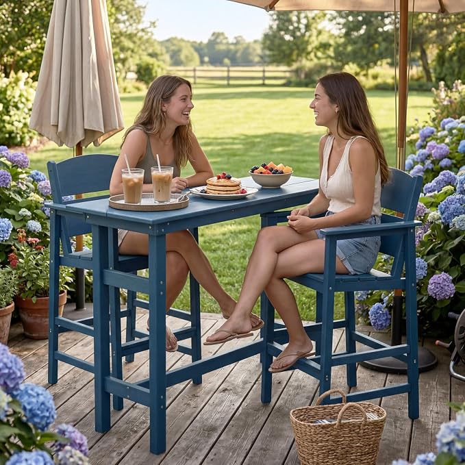 Outdoor Bar Table Set 3 Piece, HDPE Patio Bar Height Furniture Set with 2 Chairs, Small Space Patio Furniture, Weather Resistant Balcony Bistro Set for Garden, Deck, Porch, Deep Blue