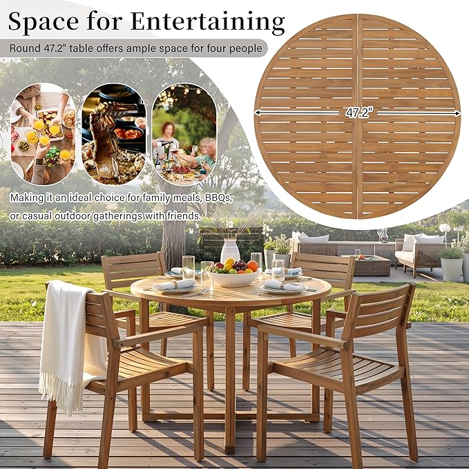 5-Piece Outdoor Patio Dining Set, All-Weather Acacia Wood 47.2" Round Dining Table with 4 Armchairs and Slatted Design for Backyard, Balcony, Garden, Poolside (Natural-4.11)