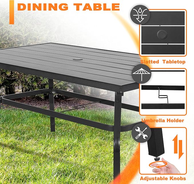 NUU GARDEN 7 Pieces Patio Dining Set, All-Weather Outdoor Furniture with 6 Dining Chairs and 1 Rectangle Steel Dining Table with Umbrella Hole for Patio Deck Garden, Black and Brown