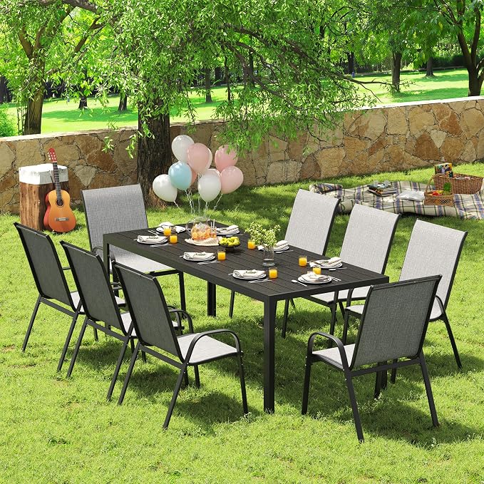 PIZZELLO Outdoor Dining Sets for 8, 83" Rectangular Dining Table with 8 Textilene Chairs, 9 Piece Patio Table and Chairs Set with Umbrella Hole for Patio, Garden, Backyard and Poolside (Grey)