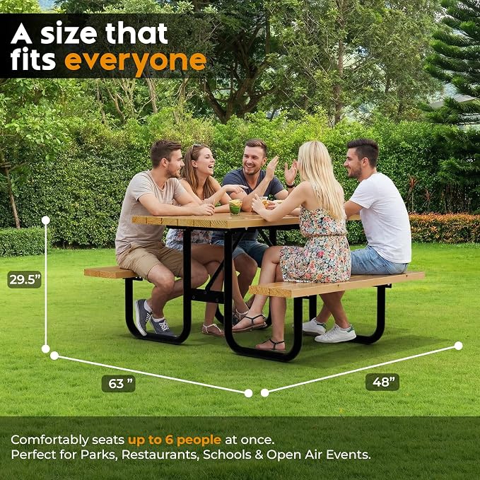 Commercial Wood Picnic Table with Metal Frame & 1.38" Thick Pine (Radiata Pine, 4' Rectangular)