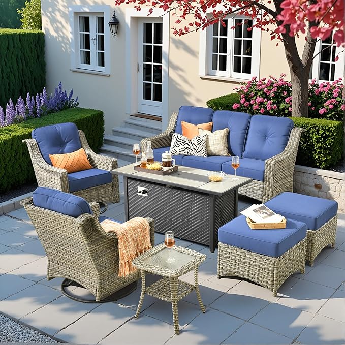 HOOOWOOO Patio Furniture Set,7 Pieces Wicker Outdoor Furniture,High Back Conversation Set with All Weather Resistant Fire Pit Table Couch Swivel Chairs Ottomans,Navy Blue