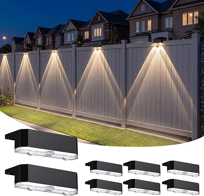 Peasur 8 Pack Solar Fence Lights Outdoor, Deck Light Solar Powered, Waterproof Led Riling Solar Lights for Outside Step Yard, Warm White
