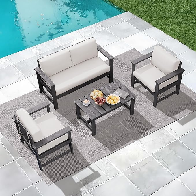 KINGYES 4 Pieces Outdoor Furniture Set, HDPE All Weather Use Conversation Couch, Grey Frame with Khaki Cushions
