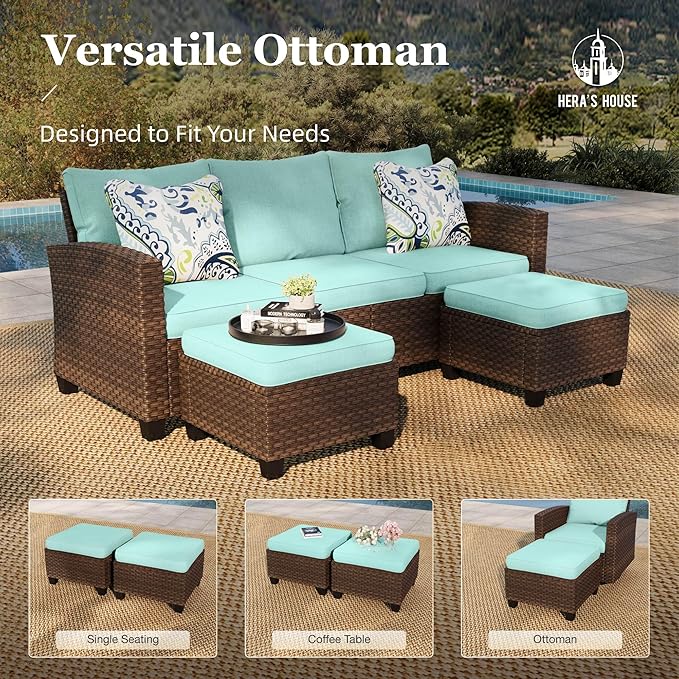 HERA'S HOUSE Outdoor Patio Furniture Set, 7 Pieces Wicker Patio Conversation Sets, Outside Sectional Deep Seating Sofa Set for Lawn Backyard Porch, Brown/Blue