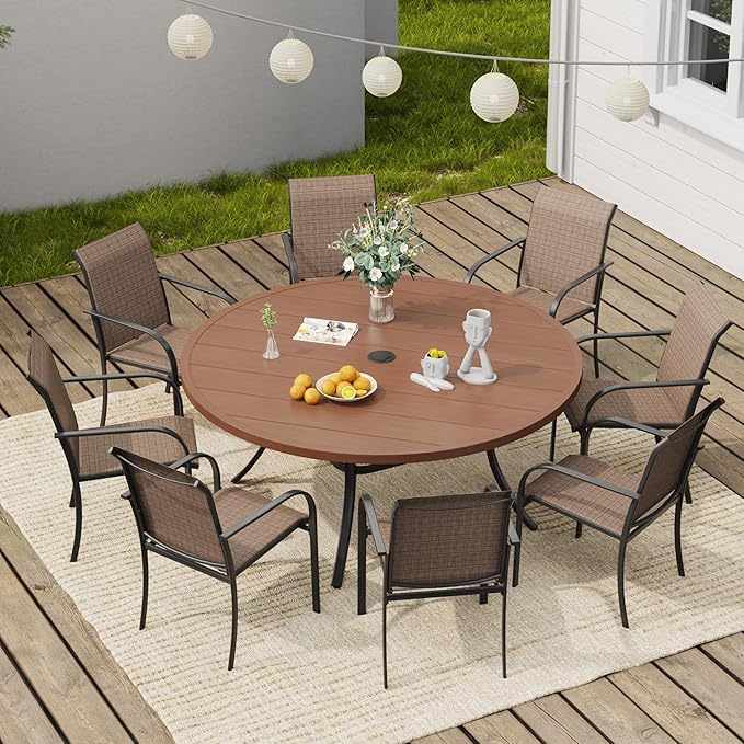 VICLLAX Round Outdoor Dining Set, Patio Table and Chairs Set Set of 8 Patio Stackable Chairs and 53" Outdoor Round Table with Umbrella Hole for Backyard Lawn Garden, Brown Chairs and Walnut Table