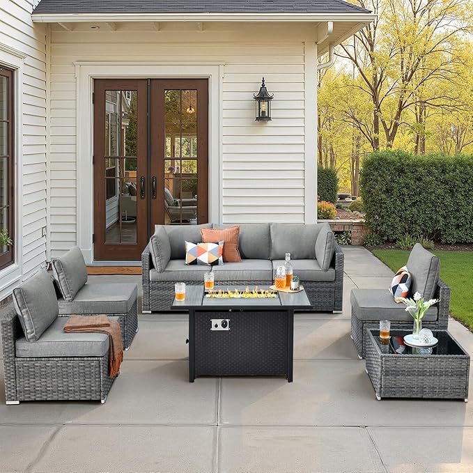 8 PCS Outdoor Patio Furniture Sets with 42'' Fire Pit Table,Wicker Weather Resistant Patio Conversation Set with Comfy Cushions,Modular L Shaped Sofa with Coffee Table for Yard,Dark Grey