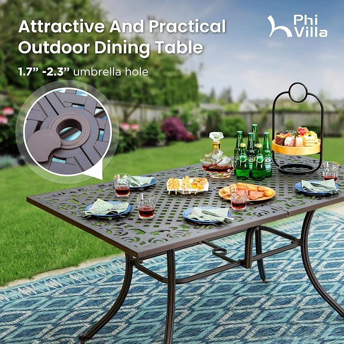 PHI VILLA Patio Dining Set, Swivel Chairs, Cast Aluminum Table | Cast Aluminum chairs, Bronze (Swivel Chairs), 2.3 umbrella hole, 360° swivel, rocking, Cushions, E-coated