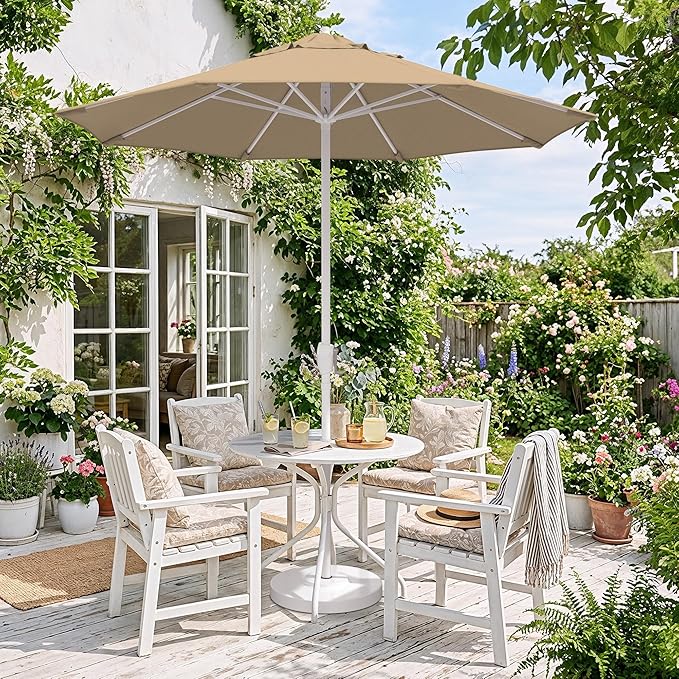 California Umbrella 8-Year Protection 7.5 Ft Outdoor Patio Umbrella, Solstice Fade-Resistant Fabric, Auto-Tilt, Heavy Duty Aluminum Frame, 8 Reinforced Ribs for Pool or Deck, White Pole, Antique Beige