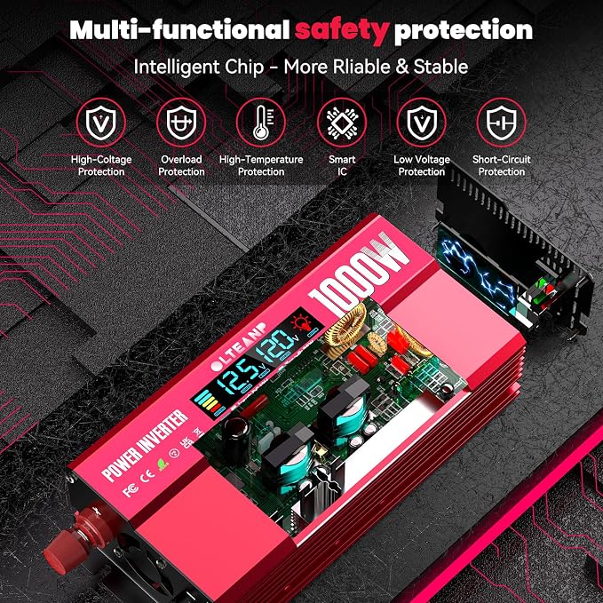 OLTEANP 1000W Power Inverter with LCD Screen Display, 2 AC Outlets, 36W Type-C Port, 5V/3A USB Port, 12V DC to 110V/120V AC Inverter for Truck, Home, Vehicles, Laptop, Trip