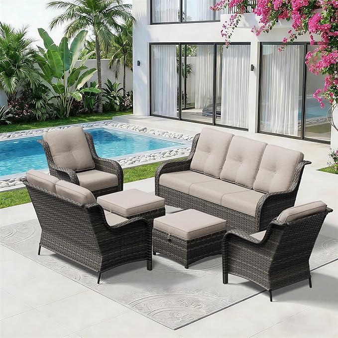 6 Piece Outdoor Wicker Patio Furniture Set, Patio Chairs Set with Thickened Olefin Cushions, High Back and Deep Seating, Hand-Woven PE Rattan, Ottoman for Porch, Deck