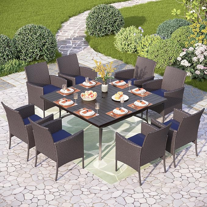 PHI VILLA 9 Pieces Square Outdoor Dining Set for 8, 57” Metal Iron Dining Table & Rattan Wicker Chairs with Cushions, Large Dining Furniture Set for Patio, Deck, Yard, Porch