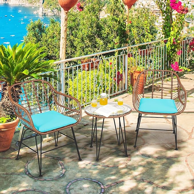 DORTALA 3 Piece Patio Bistro Set, Outdoor Wicker Furniture with Round Tempered Glass Top Table & 2 Rattan Armchairs, Cushions, Conversation Set for Porch, Backyard, Garden, Turquoise