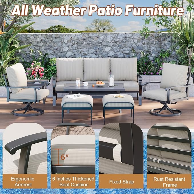 HOMREST Patio Furniture Sets 7 PCS Outdoor Metal Conversation Sets, 360 Degree Swivel Rocking Chairs Patio Conversation Set with Ottomans, Coffee Side Table and 3-Seat Sofa for Garden, Deck, Poolside