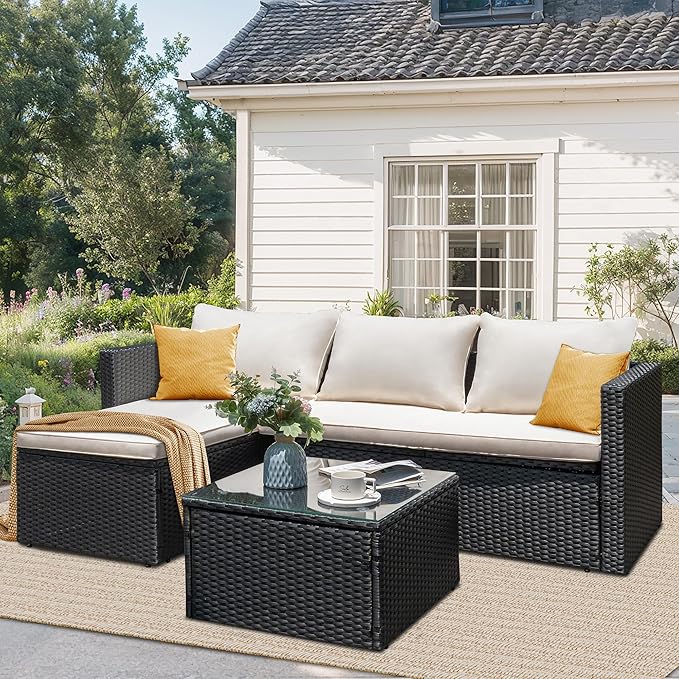 Vongrasig 3-Piece Outdoor Sectional Sofa Set, Detachable Cushioned Patio Furniture, Weather-Resistant PE Rattan Conversation Set with Glass Coffee Table & Ottoman, Black Frame/White Cushions