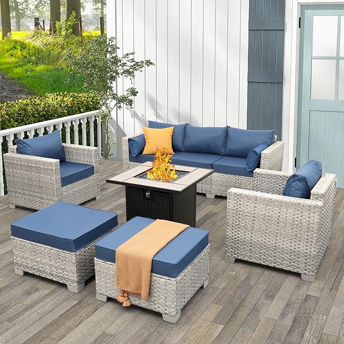 WAROOM Patio Furniture Set 6 Piece PE Rattan Outdoor Conversation Sets Grey Wicker Couch Sectional Sofa with 30" Fire Pit Table and Navy Blue Cushion