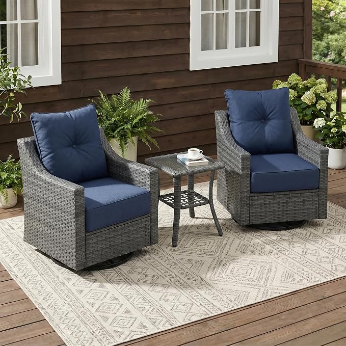 7 Piece Patio Furniture Set with 6" Thick Cushions, Weather-Resistant Wicker Swivel Rocker High Back Chairs and Fire Pit Table for Porch Yard Deck