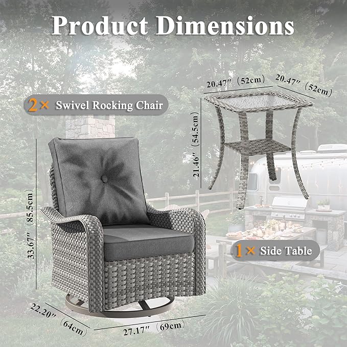 3 Piece Wicker Patio Furniture Set, Swivel Rocking Chairs with 4''Cushions, PE Rattan, Rust Resistant Frame, Double Layer Glass Side Table, for Backyard, Deck or Balcony, Black