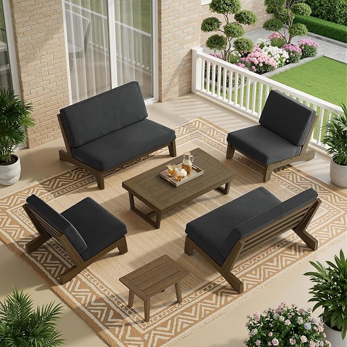 UIXE 6 Pieces Wood Patio Furniture Sets, 2 Patio Loveseat, 2 Patio Bistro Chair, All Weather Outdoor Sectional Sofa Furniture Backyard Conversation Set with Coffee Table - Dark Gray