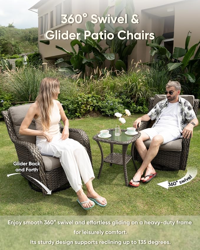 HUMMUH Outdoor Swivel Rocker Wicker Patio Chairs Set of 2, Rattan Rocking Chair Furniture Set (Grey,Grey)