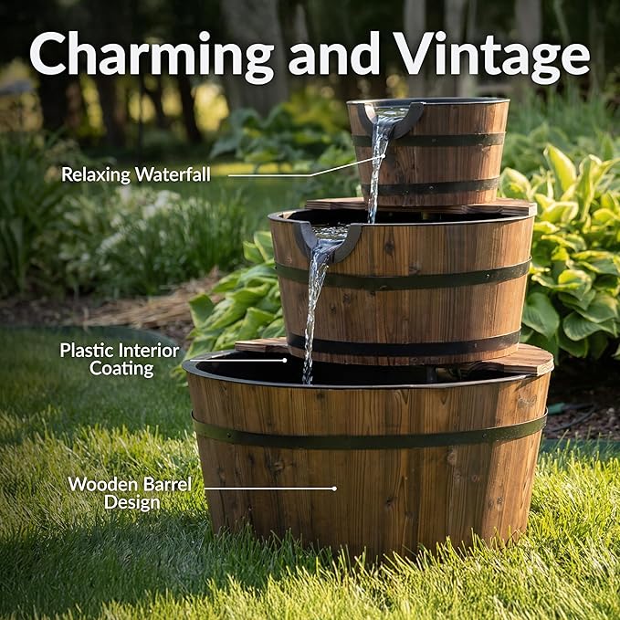 Sunnydaze 3-Tier Wood Barrel Water Fountain - 30-Inch Outdoor Water Fountain Barrel with Submersible Pump - for Garden, Patio, Decks