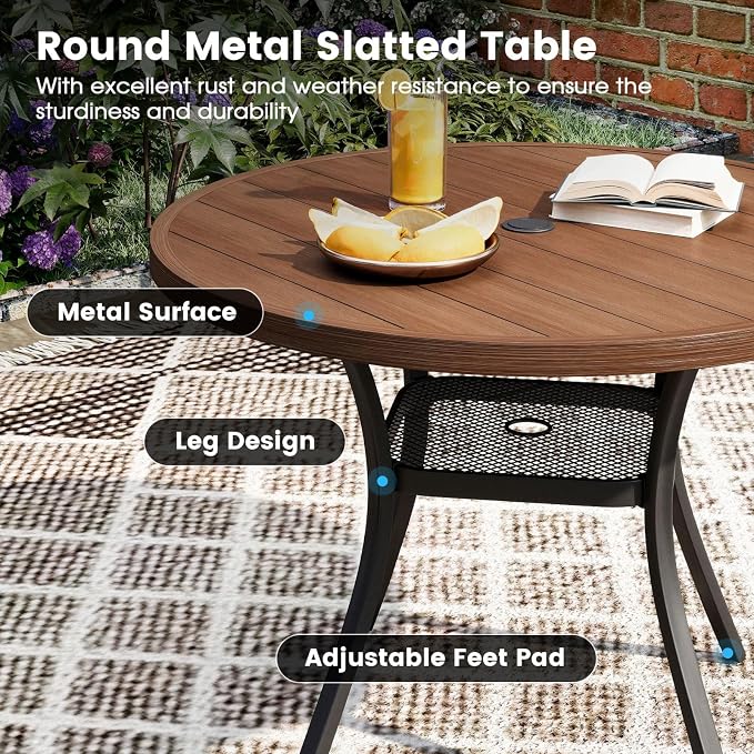 DIFY Patio Round Dining Table, 42" All Weather Round Outdoor Table with 1.57" Umbrella Hole for 4 Person, Perfect for Balcony Garden and Backyard, Walnut