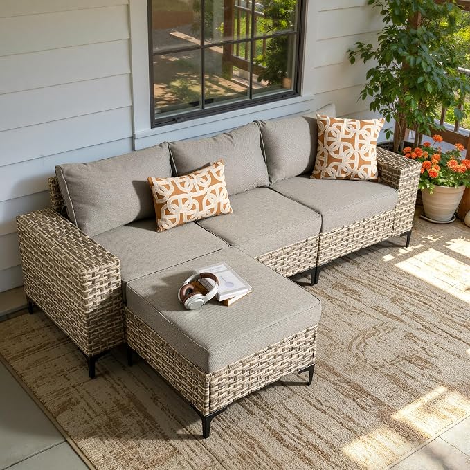 4-Piece Wicker Outdoor Sectional Furniture, Wide Armrest L-Shaped Patio Couch Set with Ottoman, Modern Modular Conversation Sets with Thick Cushion for Backyard Porch Balcony, Dark Gray